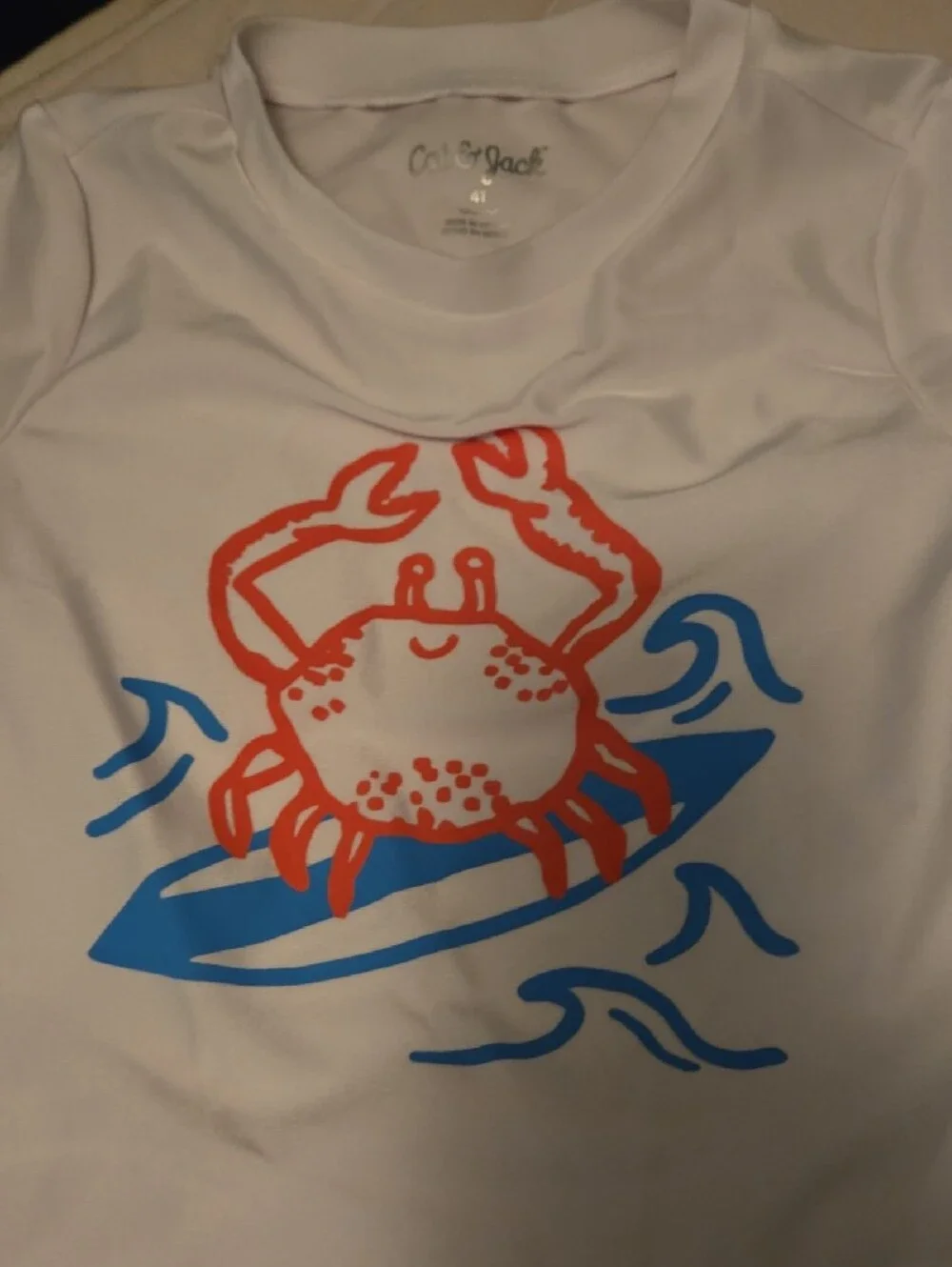 Cat & Jack White Rash Guard with Orange Crab & Blue Wave Swim Shorts Set